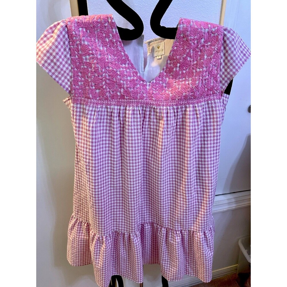 J Marie Pink Gingham Embroidered Charlotte Mini Dress, sz M, Preppy Summer Pink